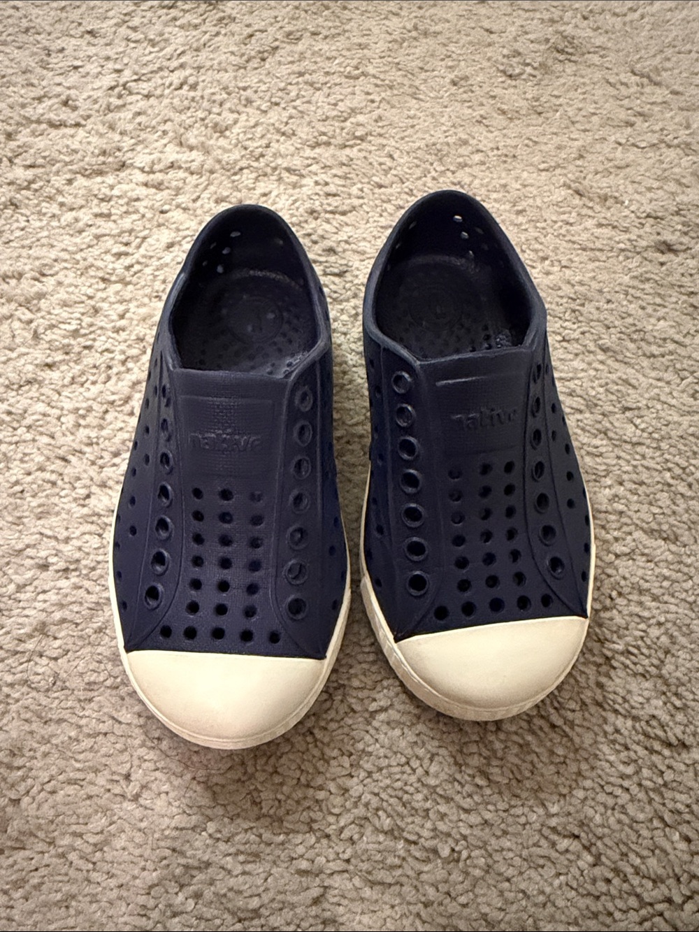 Native Navy Perforated Slip-On Sneakers with White Toe Cap